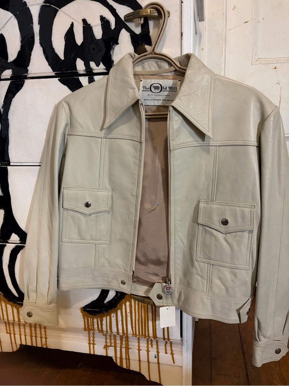 Cream Leather Zip-Front Jacket